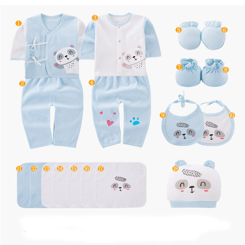 Newborn gift box with blue and white baby clothes, mittens, bibs, hat, and washcloths set