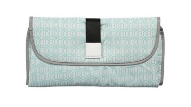Folded portable baby changing pad in light blue with geometric pattern and black strap closure