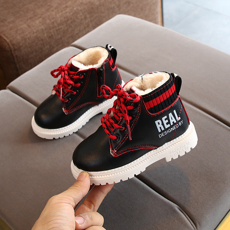 Black and red boys and girls warm martin boots with white sole and fleece lining