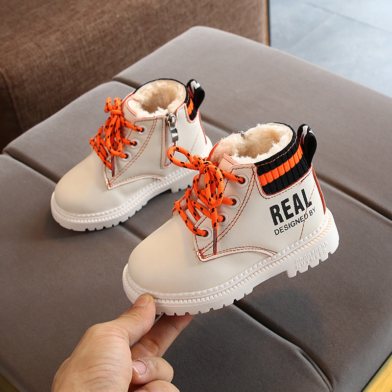 White boys and girls warm martin boots with orange laces and fleece lining for cold weather