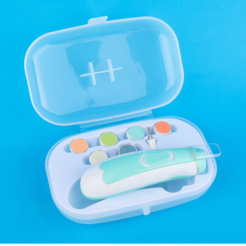 Safe nail trimmer for infants with multiple attachments in a white and green case on blue background