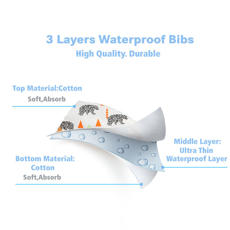 Soft cotton baby bibs set showing 3 layers with cotton absorbent top and bottom and waterproof middle layer