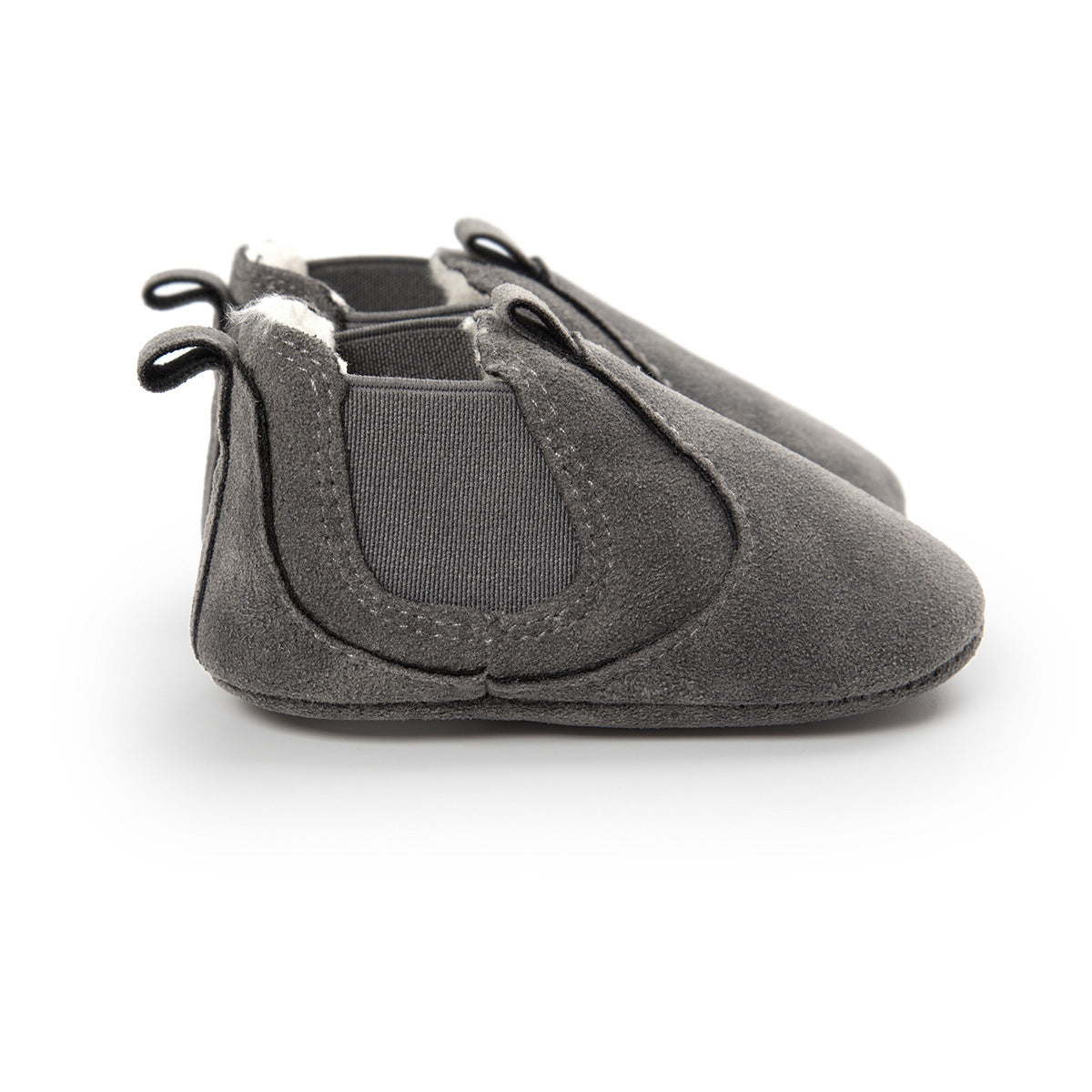 Gray soft sole infant shoes with elastic side panels and pull tabs for easy wear