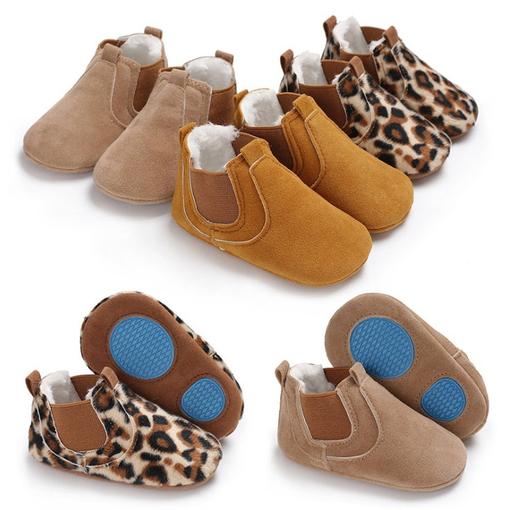 Soft sole infant shoes in beige, mustard, and leopard print with cozy inner lining and flexible blue sole pads