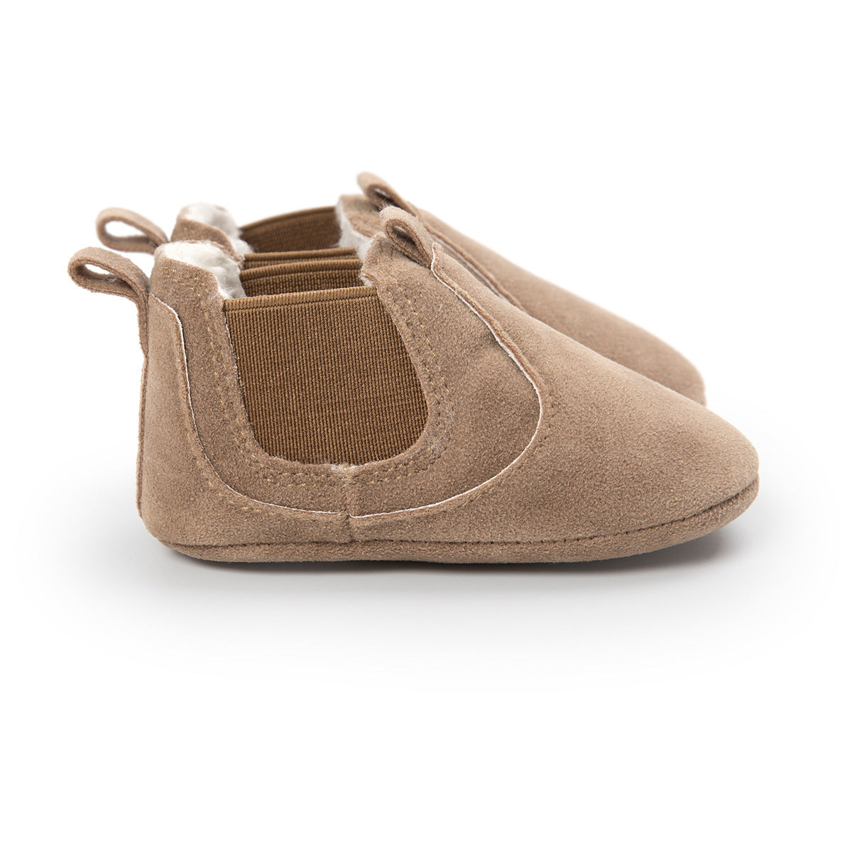 Brown soft sole infant shoes made of suede with elastic side panels for easy wear