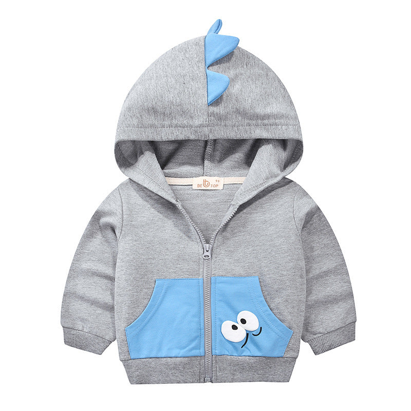 Gray toddler dinosaur hoodie with blue spikes on hood and blue front pockets with smiling eyes design