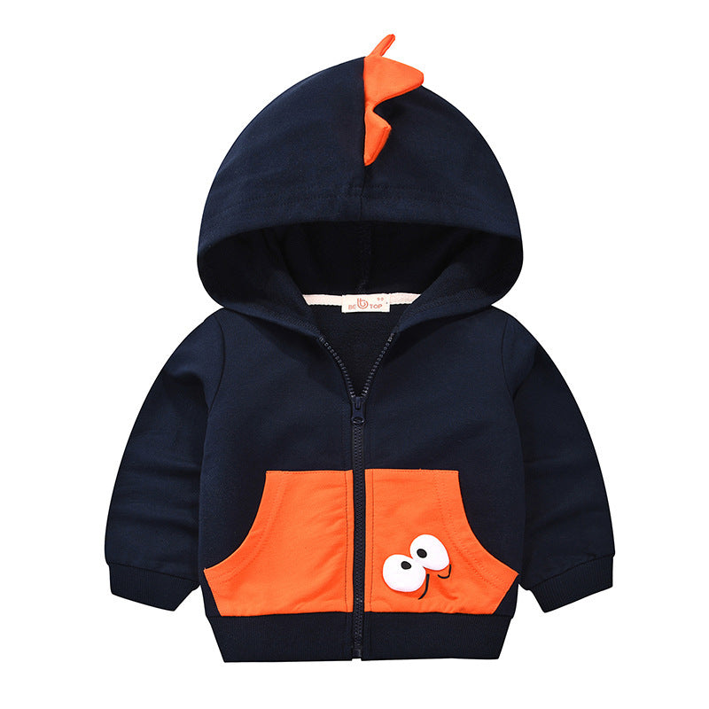 Navy and orange toddler dinosaur hoodie with front zipper and playful dinosaur spikes on hood