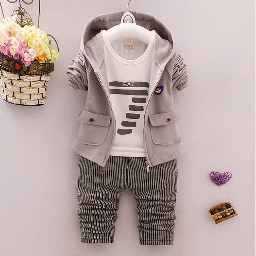 Gray unisex toddler casual suit with hooded jacket, graphic white t-shirt, and striped pants
