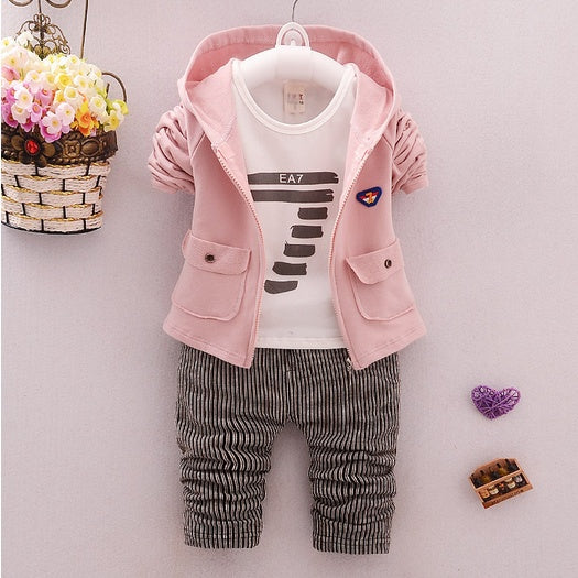 Unisex toddler casual suit with pink hooded jacket, white graphic t-shirt, and striped pants