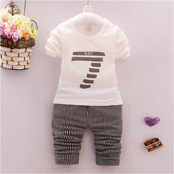 Unisex toddler casual suit with white graphic t-shirt and striped pants for everyday wear