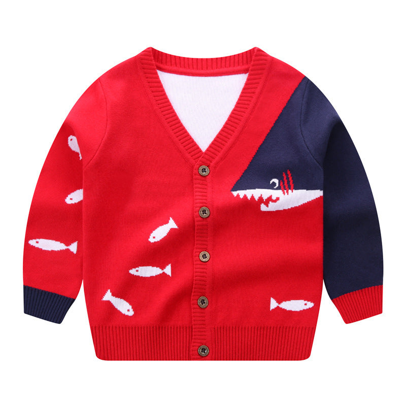 Red and navy children's V-neck cardigan with shark and fish design and button closure