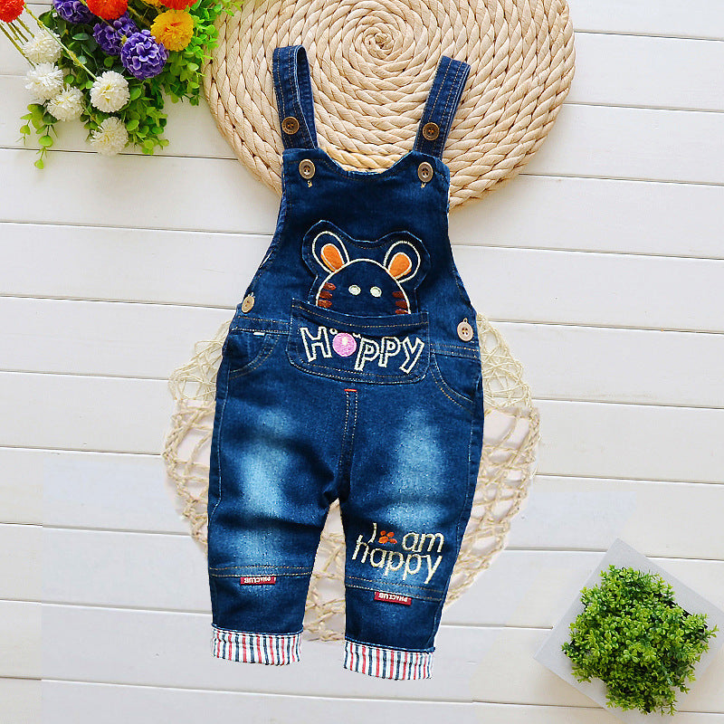 Denim bib jeans for toddlers with mouse design and happy text on front pocket