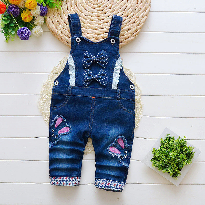 Denim bib jeans for toddlers with polka dot bows and cute butterfly patches on knees