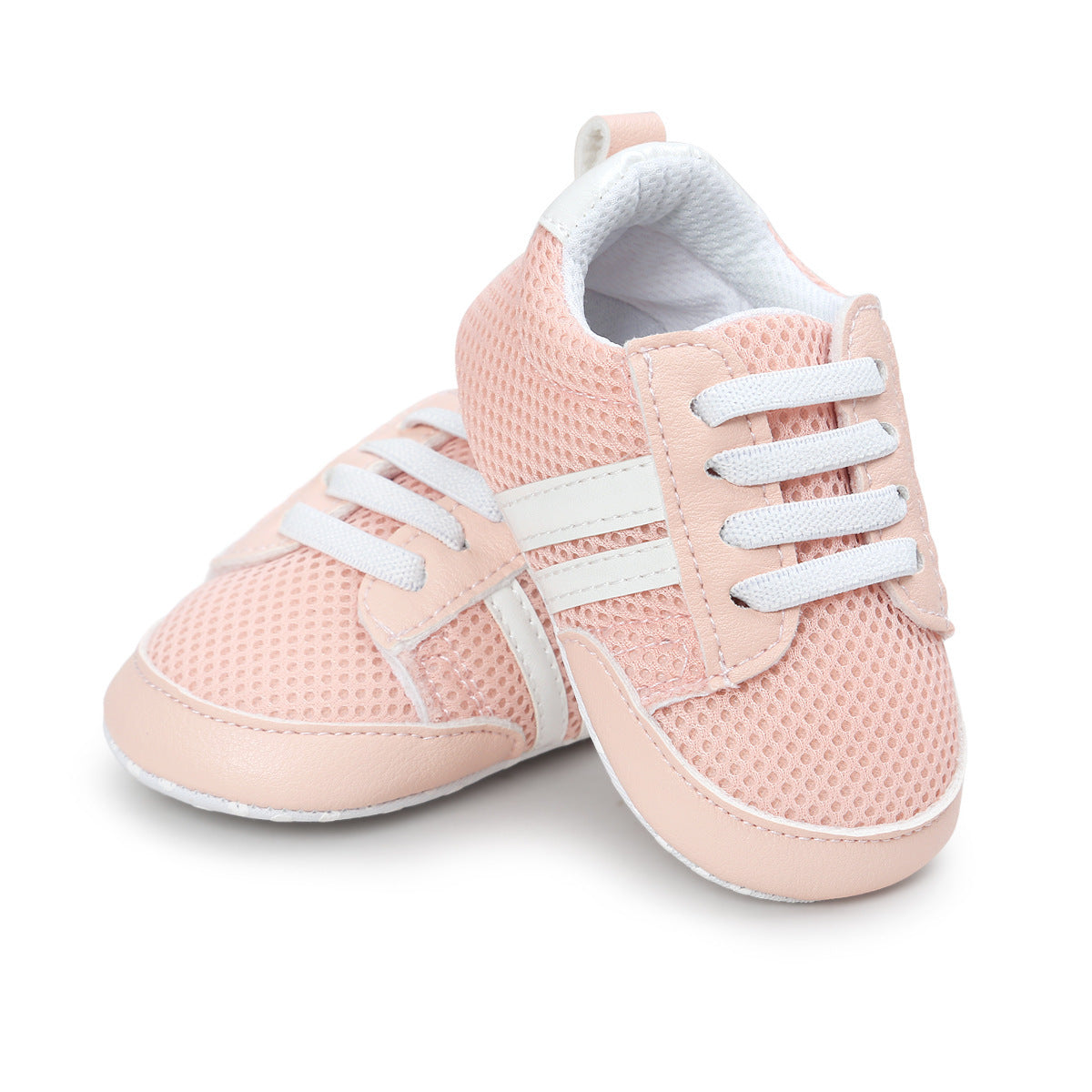 Soft pink infant moccasin shoes with white stripes and lace-up design for babies