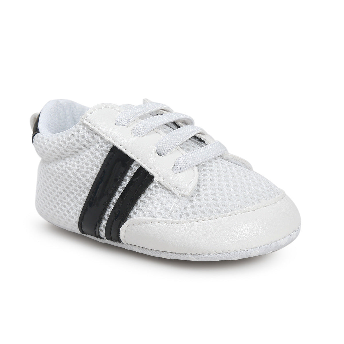 White infant moccasin shoes with black stripes and laces made from breathable mesh material