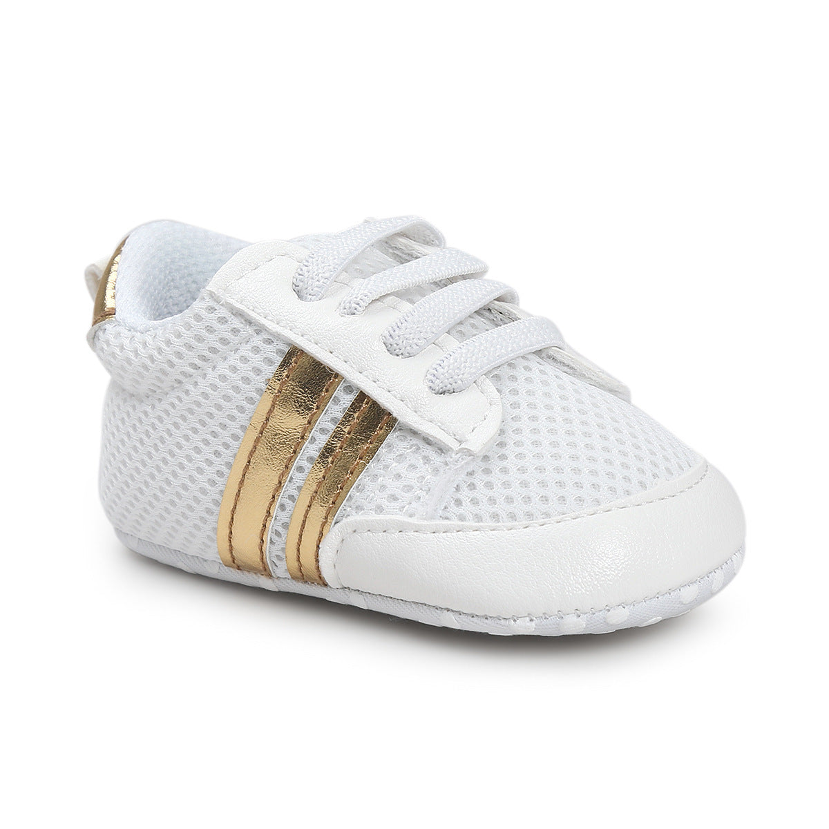 White infant moccasin shoes with gold stripes and breathable mesh design for toddlers