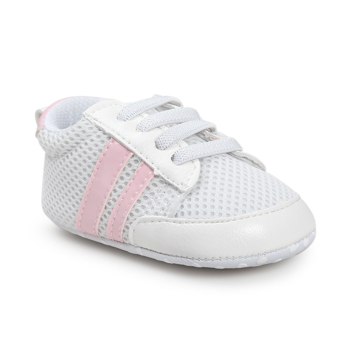 White and pink breathable infant moccasin shoes with soft mesh and lace-up design