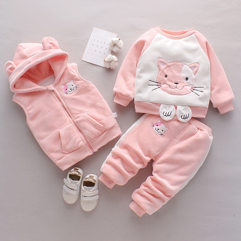 Pink and white toddler outfit with cat design including hoodie, sweatshirt, and pants warm toddler clothes for winter