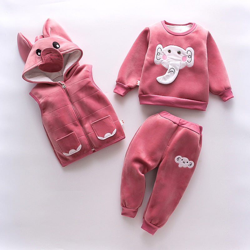 Pink toddler outfit set with elephant design including warm toddler clothes for winter vest, sweatshirt, and pants