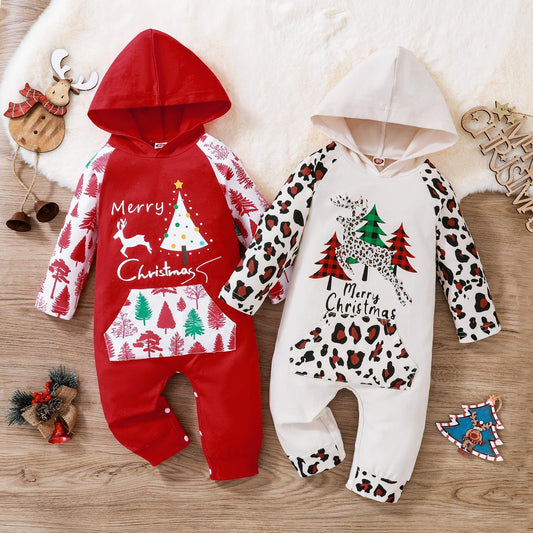 Red and white baby Christmas onesie set with festive tree and deer designs and hooded long sleeves