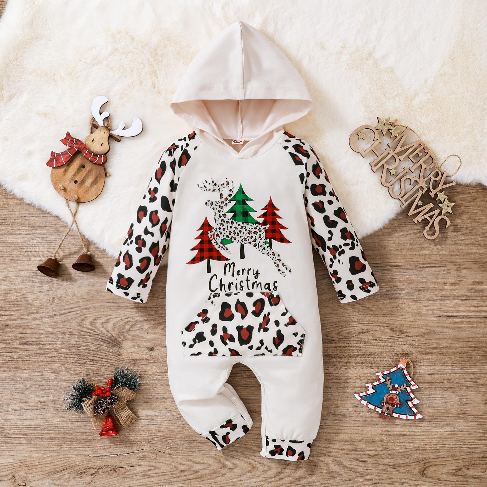 Baby Christmas onesie with leopard print sleeves and hood featuring a reindeer and tree design