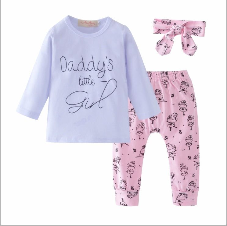 Baby girl clothes set with white long sleeve top saying Daddys little girl pink pants and matching headband
