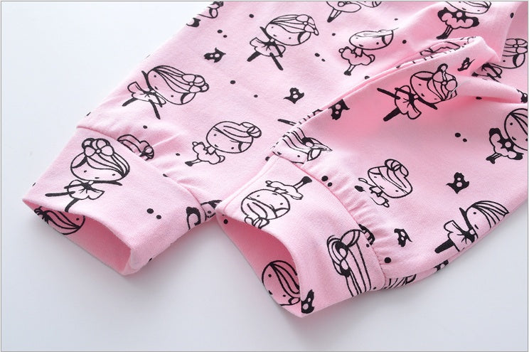 Pink baby girl clothes set with black cartoon ballerina print and cuffed pant legs