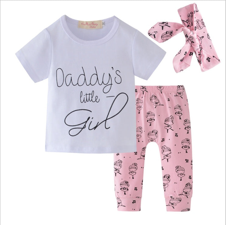 White shirt with Daddy's little girl text pink pants and matching headband baby girl clothes set