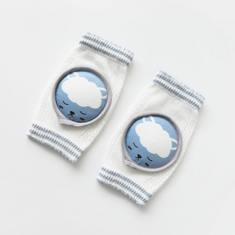White and blue baby knee pads for crawling with cute sheep face design for toddler protection