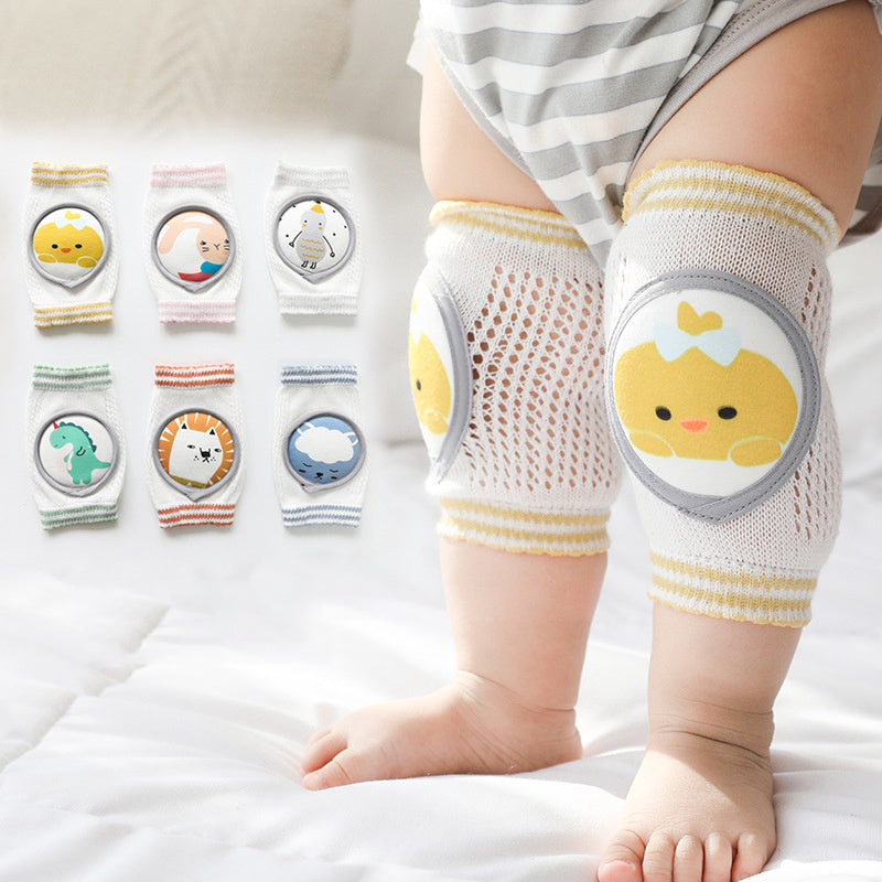 Baby wearing yellow baby knee pads for crawling with animal designs and breathable mesh fabric