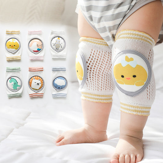 Baby wearing yellow baby knee pads for crawling with animal designs and breathable mesh fabric