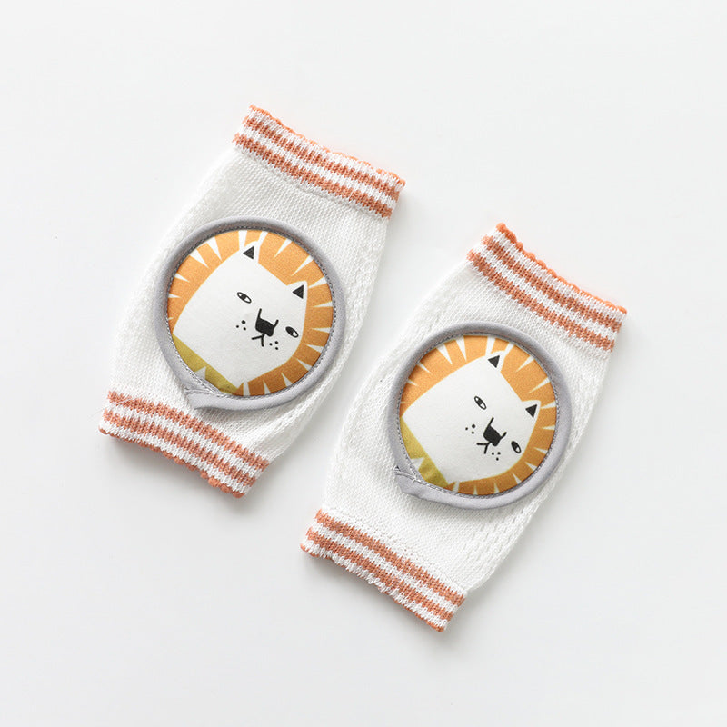 White baby knee pads for crawling with orange lion face design and striped edges