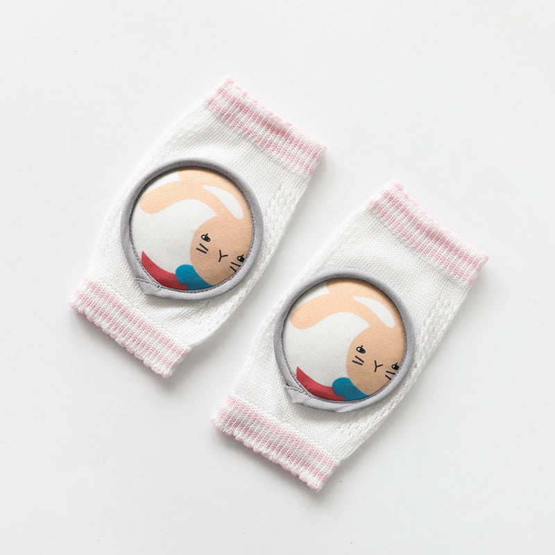 White baby knee pads for crawling with pink trim and cute cat face design for toddler protection