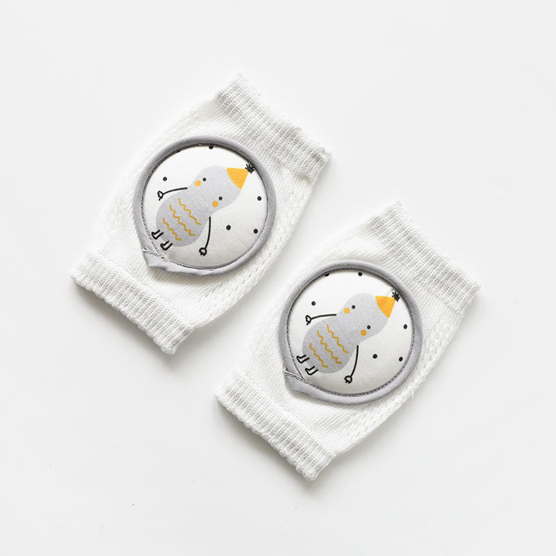White baby knee pads for crawling with cute bird design and soft cushioning for protection