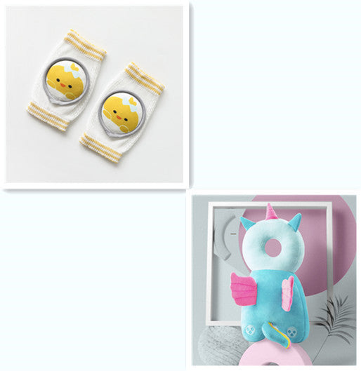 White and yellow baby knee pads for crawling with cute chick design for infant protection