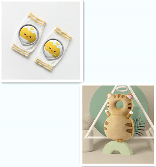Cute baby knee pads for crawling featuring yellow chick design and soft protective plush tiger toy