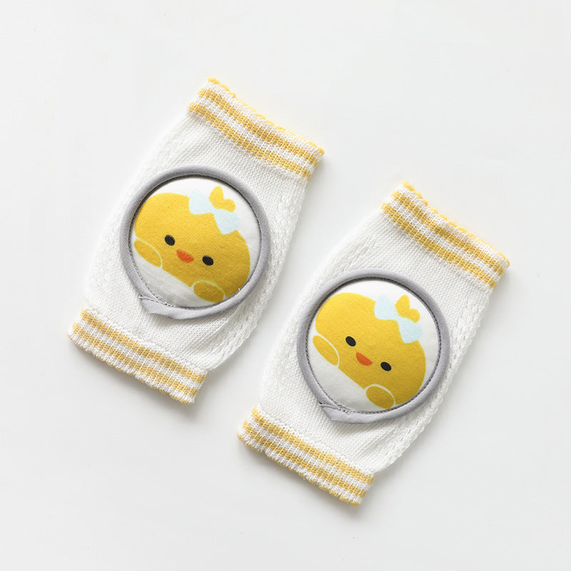 White and yellow baby knee pads for crawling with cute chick design and padded protection