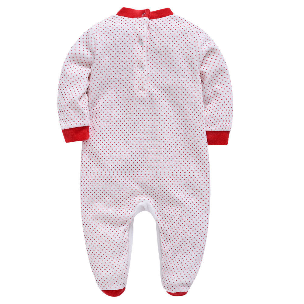 White and red Christmas baby onesie with long sleeves and red polka dots cozy for holiday wear