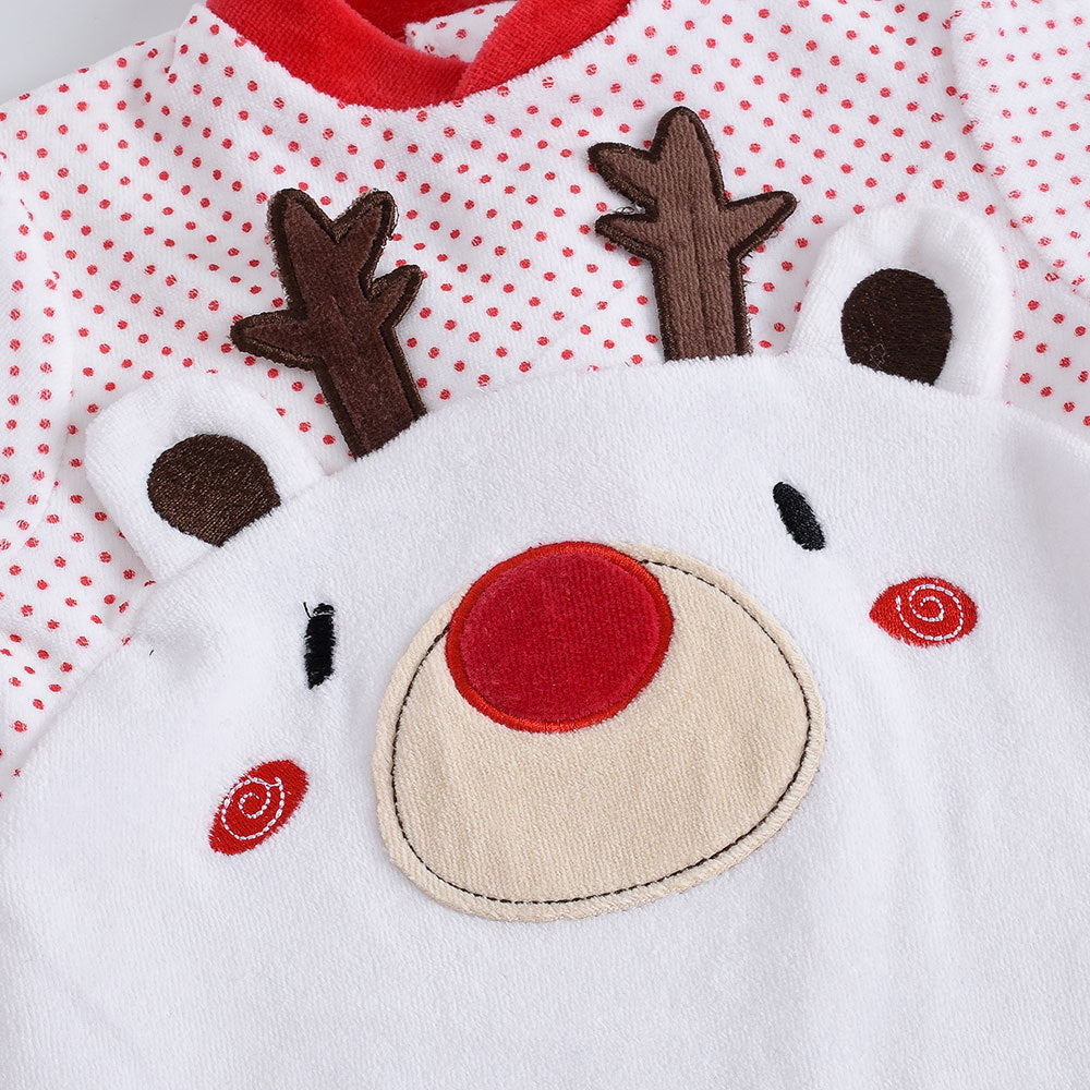 Close-up of a Christmas baby onesie with reindeer face and red polka dot pattern