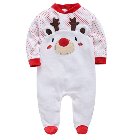 Christmas baby onesie with red polka dot sleeves and reindeer face design on front