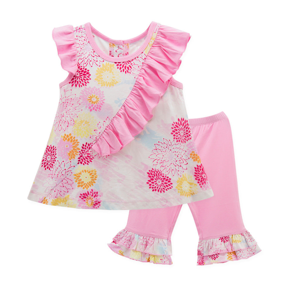Lightweight baby girl outfits with pink floral top and matching pink ruffle pants