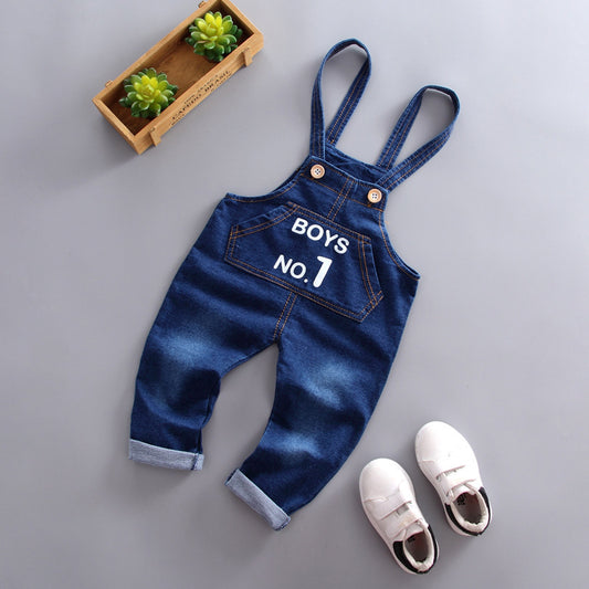 Denim overalls for baby boys with adjustable straps and front pocket reading Boys No 1