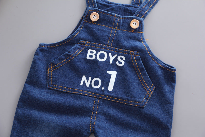 Blue denim overalls for baby boys with front pocket and boys no 1 text