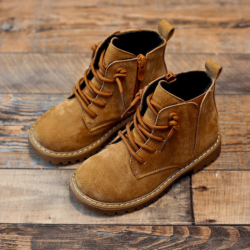 Brown leather boys black Martin boots styled ankle boots with laces and side zipper