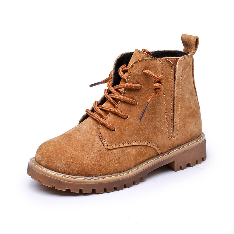 Tan suede boys black Martin boots styled ankle boot with lace-up front and rugged sole