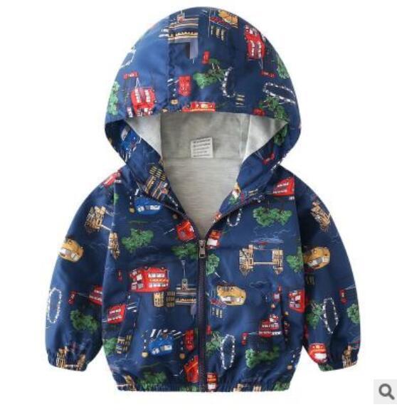 Blue boys hooded jacket with colorful vehicle and tree prints and front zipper closure
