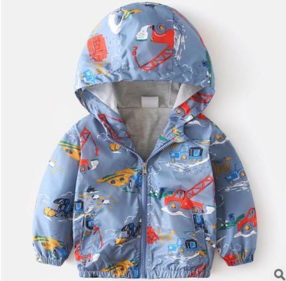 Blue boys hooded jacket with colorful construction vehicle print and front zipper closure