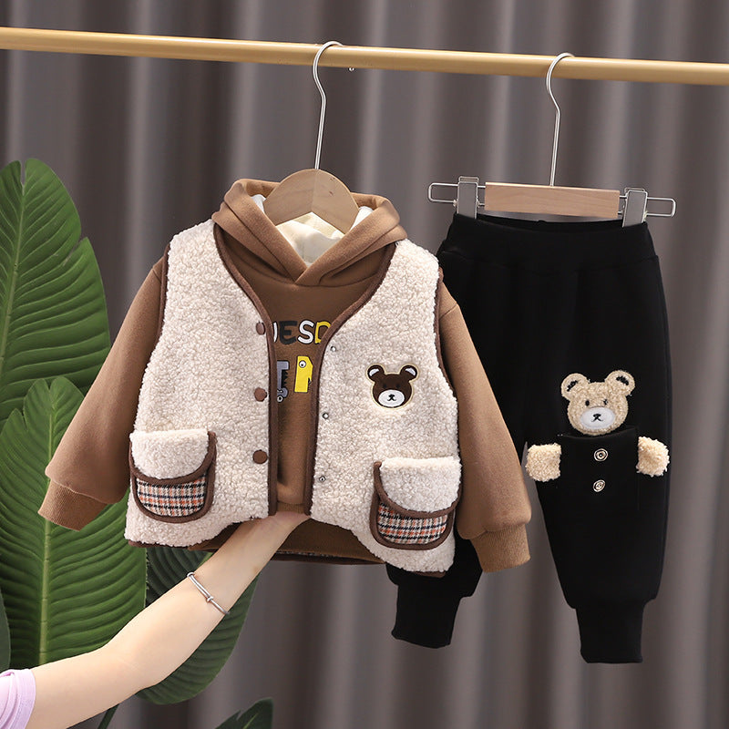 Warm toddler clothes set with brown hoodie, cream sherpa vest with bear patch, and black pants with bear design