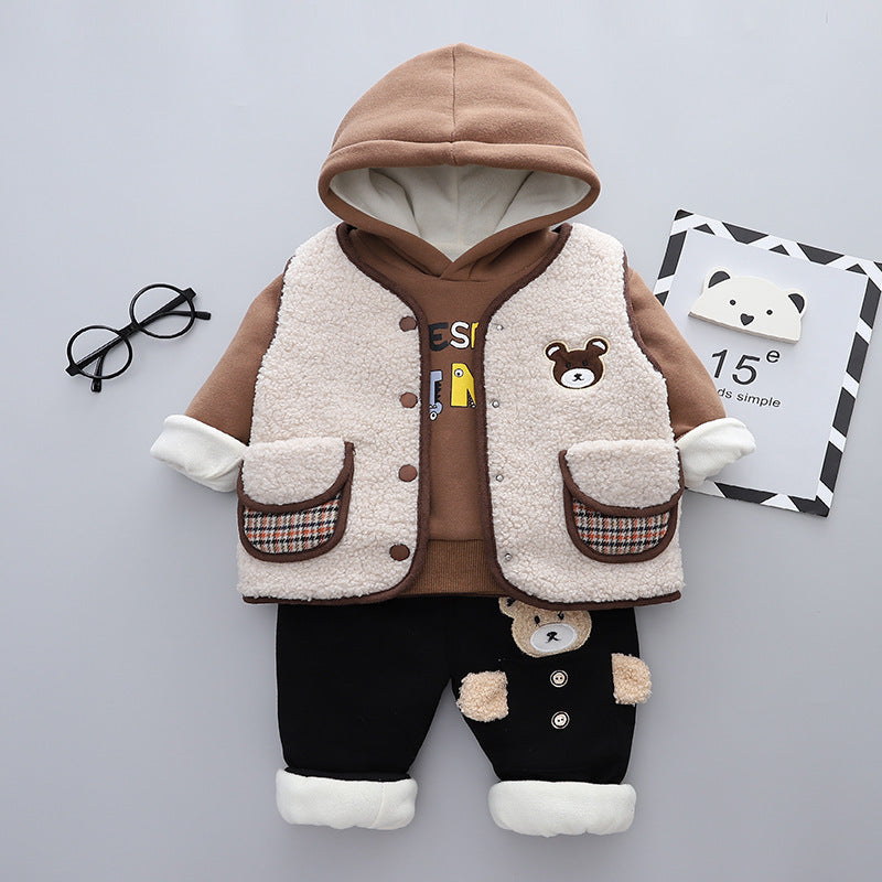Warm toddler clothes set with brown hooded sweatshirt, sherpa vest with pockets, and black pants with bear patch