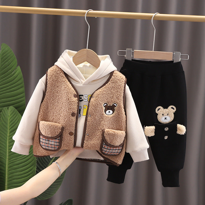 Warm toddler clothes set with beige fleece vest, cream hoodie, and black pants with bear patch
